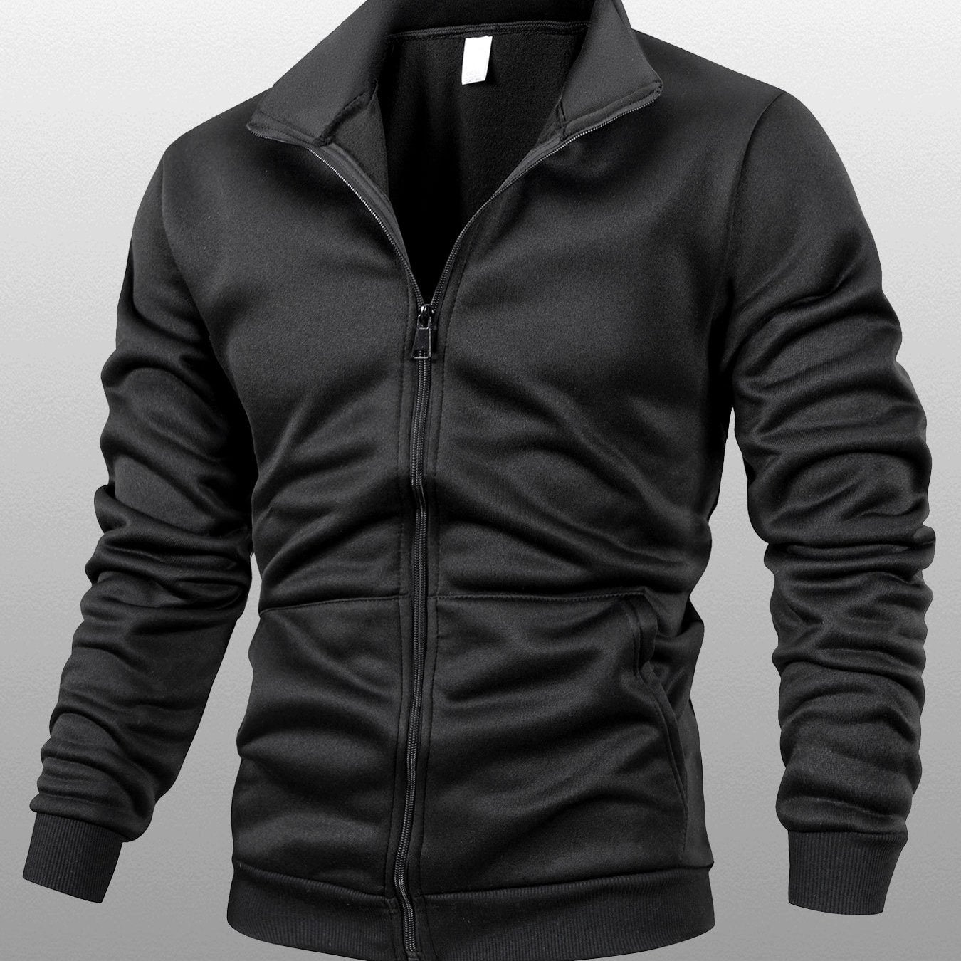 Men's Stand Collar Zip-Up Solid Color Fleece Jacket Long Sleeve Casual Sport Hoodless Coat with Large Side Pockets, Suitable for Daily Wear, Outdoor Activities, Hiking