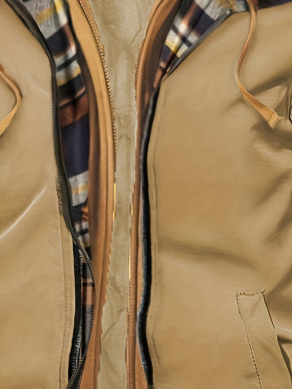 Men'S Warm Fleece-Lined Hooded Jacket with Plaid Details - Casual Winter Coat for Outdoor Activities, Zip-Up, Regular Fit, Polyester Lined, Functional Pockets, Windproof & Warm, Functional Winter Jacket | Stylish Men'S Jacket