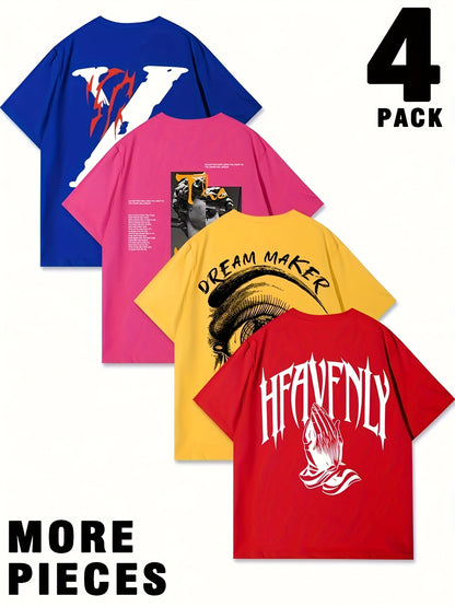 Set of 4 Men'S Graphic T-Shirts - Featuring Designs Like 'Heavenly', Casual Round Neck Short Sleeves Made of Lightweight Polyester, Perfect for Summer Outdoor Wear, a Great Gift for Family.