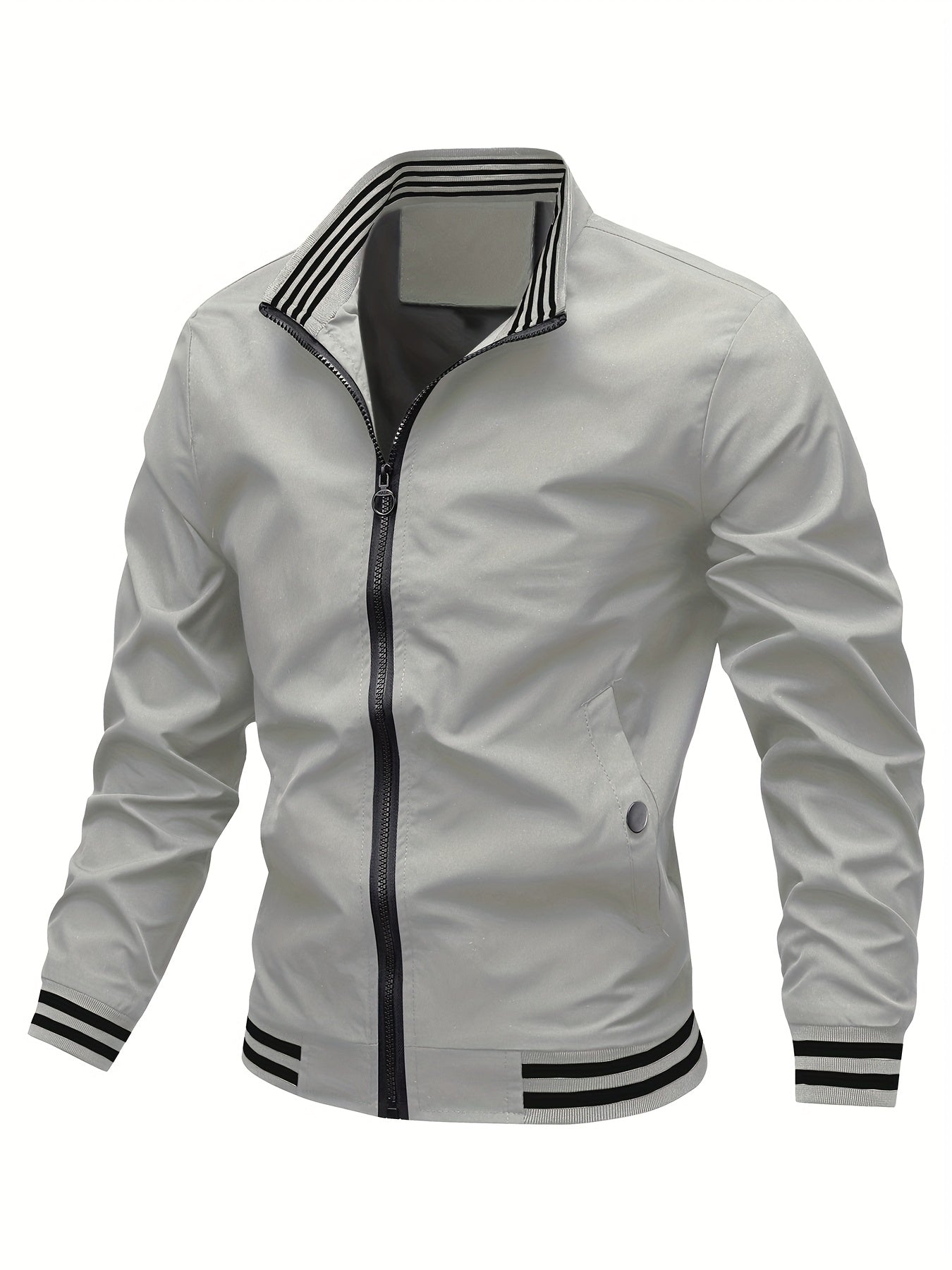 Men's Stand Collar Long Sleeve Zip Up Sports Jacket With Contrast Trim Design, Men's Spring Fall Outwear, As Gifts