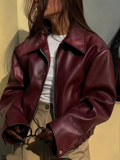 Women's Chic Faux Leather Jacket with Lapel Collar