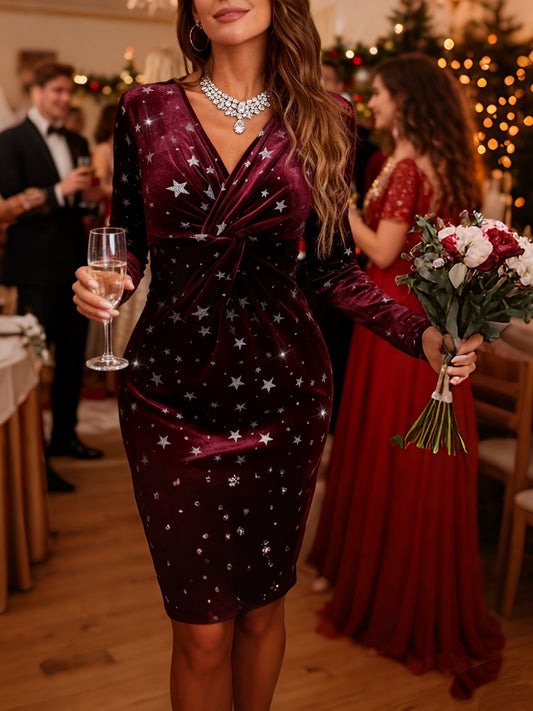 Autumn Winter Fashion Velvet Silvery Star Twist Knot Long Sleeve Vacation Elegant v-neck Dress, Elegant Evening Wear, Festive Occasion Wear, Stylish Knot Detail, Premium Material, Highquality Stitching, Kneelength Dress, Body