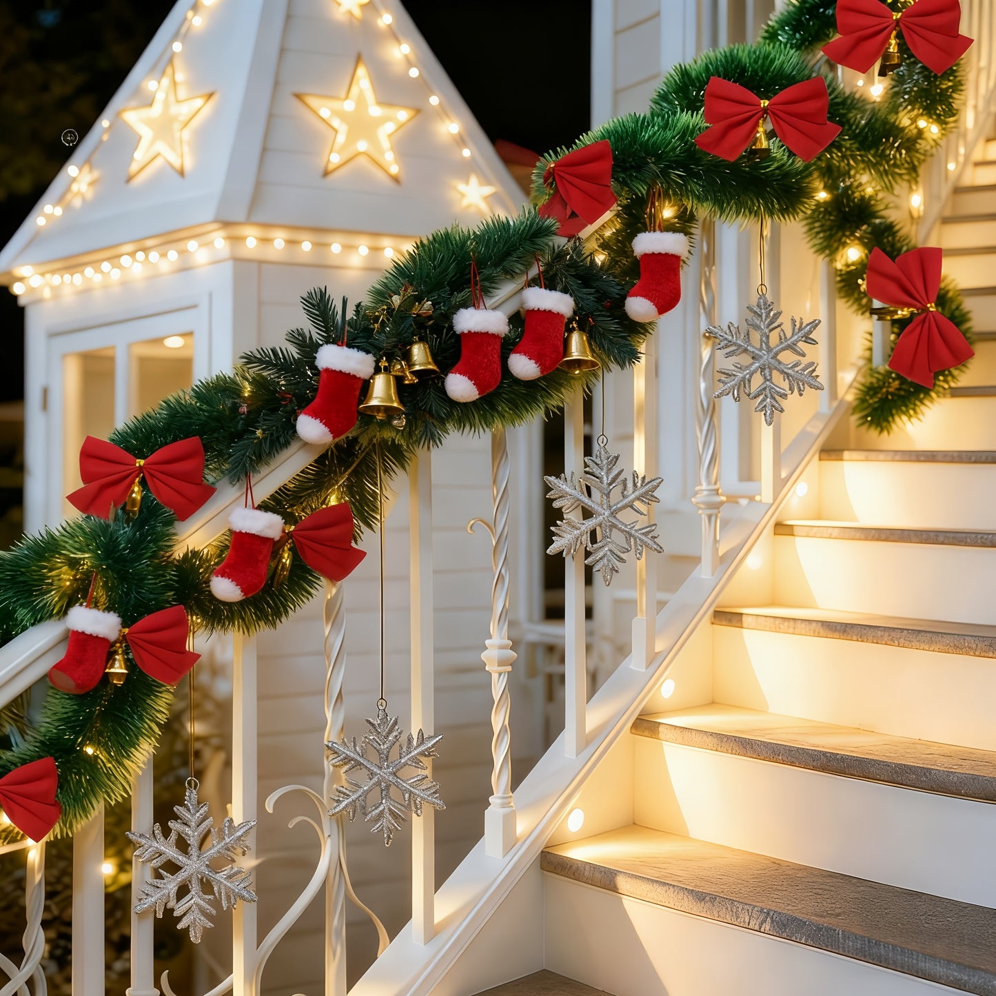 314.96-inch 40pcs Set with Red Bows - Premium Winter Dark Green Christmas Vine Spring Decoration | No Lights - Artificial Plastic Material Metallic Foil Faux Garland Plant | Suitable for Christmas, New Year, Thanksgiving Part