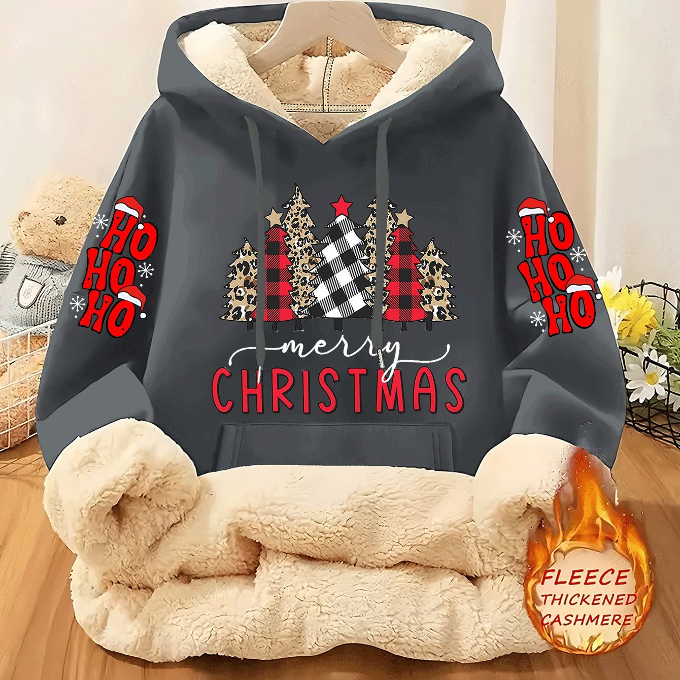Christmas & Plaid Leopard Print Christmas Tree Pattern Printed Ladies Lined Hoodie, Thick and Warm Polyester Fabric Jacket, Suitable for Casual Composite Warm Clothing for Autumn and Winter Season