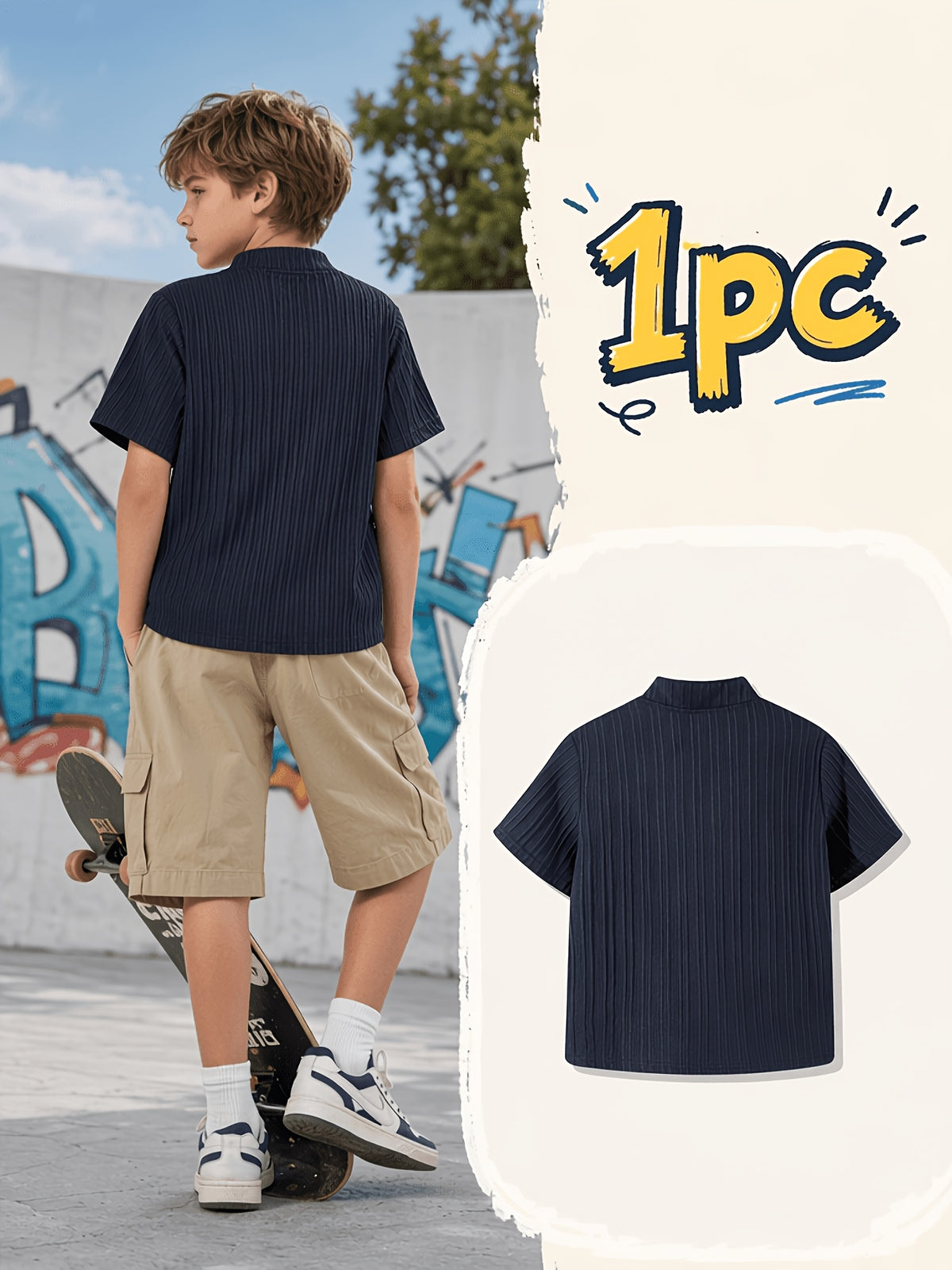 Boys' Casual Button-Up Short Sleeve Shirt with Cardigan Collar - ayq