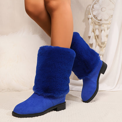 Women's Fashion Solid Color Mid-Calf Fluffy Boots with Slip-On Closure, Plain Toe Platform Heel, Comfy & Warm Fabric-Lined Winter Footwear - TPR Sole, Mid Heel, European Special from Huizhou