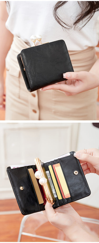 Women's Wallet Short Compact Three Layer LargeCapacity Retro Pearl Wallet High Quality PU Multi Card Seat/Coin ZeroWallet