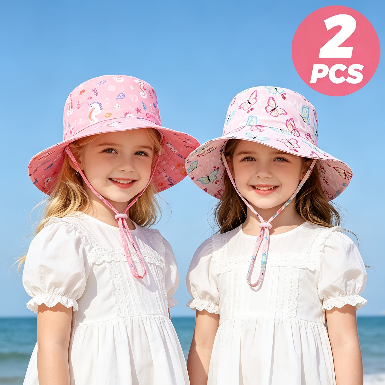 Girls' Floral Wide Brim Bucket Hats with Windproof Cord - 2pcs