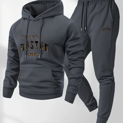 Men'S Boston Print Hoodie And Sweatpants Set - Casual Long Sleeve, Slight Stretch Fabric, Pockets, Suitable for Autumn And Winter, Sportswear, Casual Attire | Hoodie | Sport Pants with Pockets, Everyday Wear