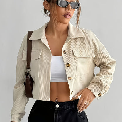 Women'S Chic Beige Bomber Jacket with Button Details - Casual Short Sleeve, Lapel Collar, Pockets, Perfect for Fall/Winter Outings, Casual Outerwear | Chic Bomber Jacket | Buttoned Jacket