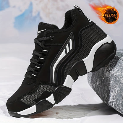 HIDEDUGO 's Heavy-Duty Winter Boots-like Sneakers - Warm Mid-Top Traction Tires, All-Terrain TPR Sole, Lace-Up Outdoor Shoes for Ice & Snow, Large Size Available (Black/White) - Cold Weather Casual & Sports