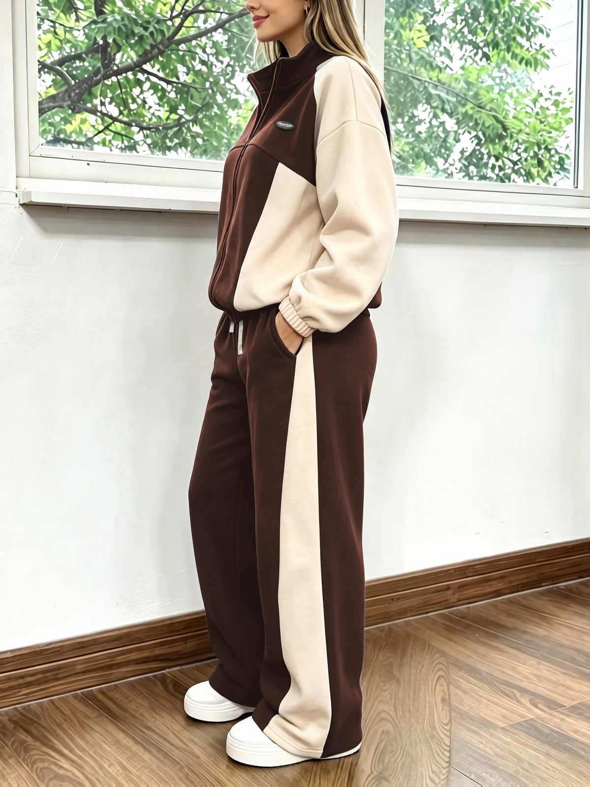 Casual Color Block Two-Piece Set with Loose Jacket & Wide-Leg Pants - ayq