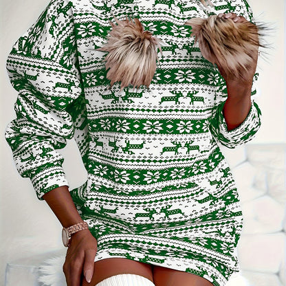 Women'S Christmas Deer & Snowflake Print Hooded Sweater Dress - Long Sleeve Winter Warmth, Red & Holiday Party Outfit with Pompom Sleeves