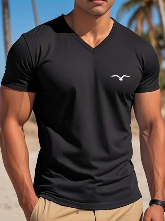 Men's Lightweight Black V-Neck T-Shirt with Seagull Print - Casual Short Sleeve Summer Top, Breathable  Stretchy Fabric, Perfect for Casual Attire or Beach Outings, Outdoor Activity Shirt   Simple Style Tee   Durable Casualw