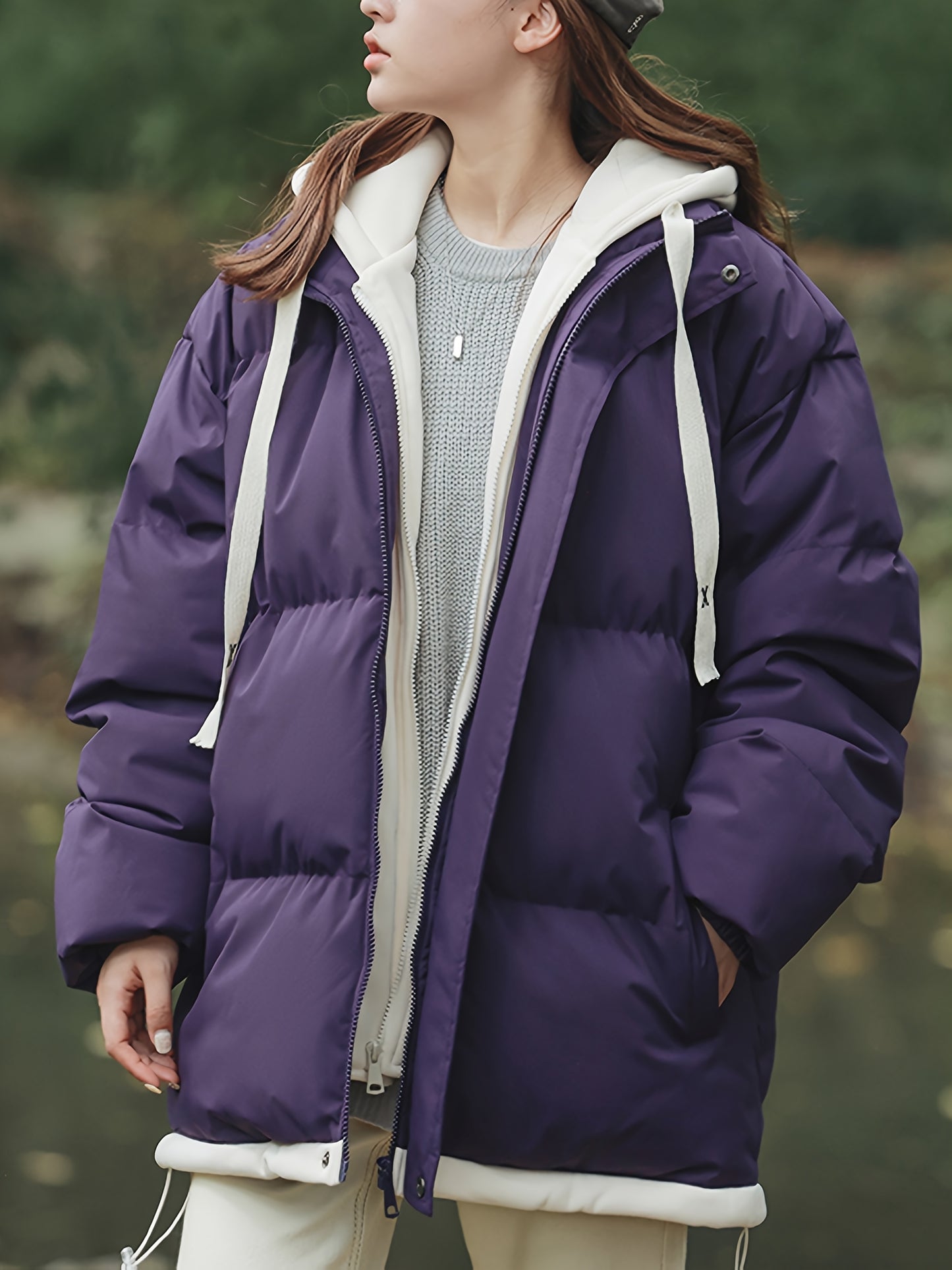 Women'S Light Blue Hooded Puffer Jacket - Cozy Fleece-Lined Winter Coat with Drawstring Hood, Casual Style for Cold Weather, Winter Coat