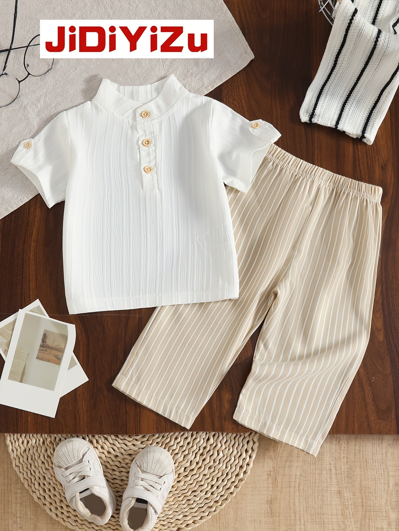 Boys' Casual Short-Sleeve Top & Pants Set with Stand Collar