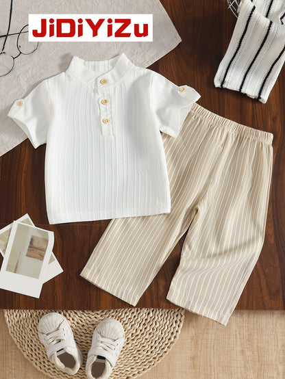 Boys' Casual Short-Sleeve Top & Pants Set with Stand Collar