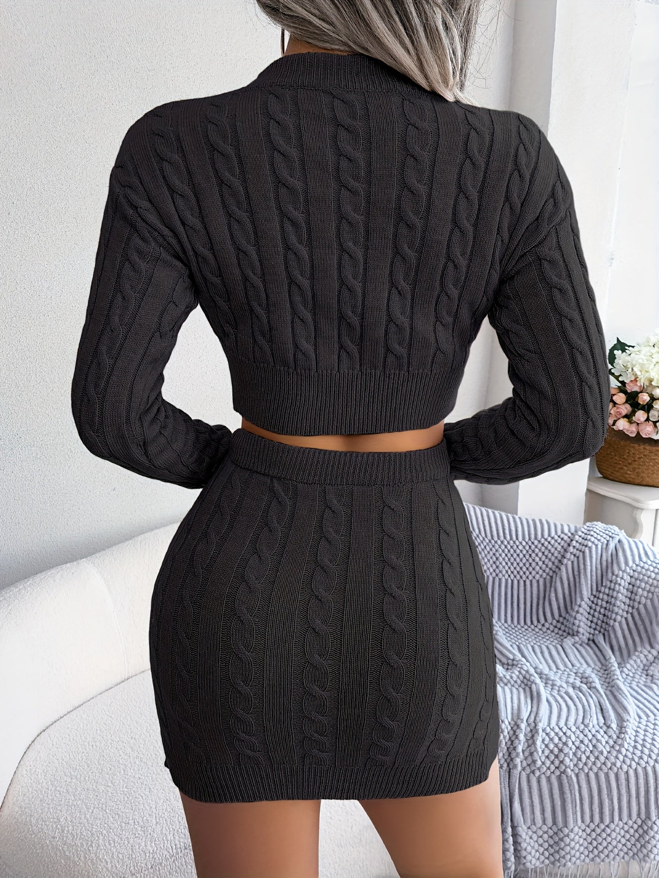Autumn-Winter European and American Street Style Twist Crop Top Sweater and Hip-Wrapped Skirt Set