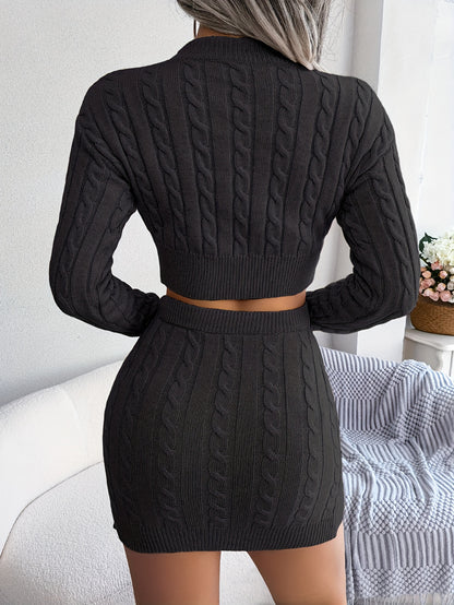 Autumn-Winter European and American Street Style Twist Crop Top Sweater and Hip-Wrapped Skirt Set