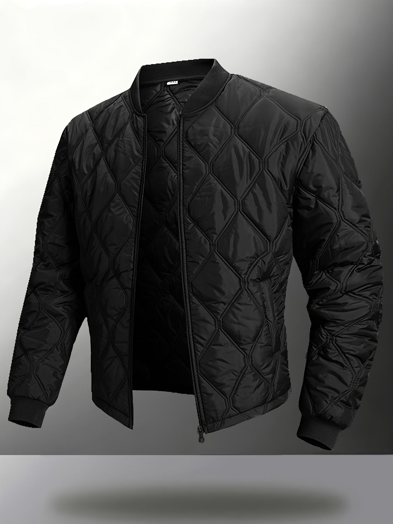 Men's Casual Black Diamond-Pattern Padded Jacket with Baseball Collar