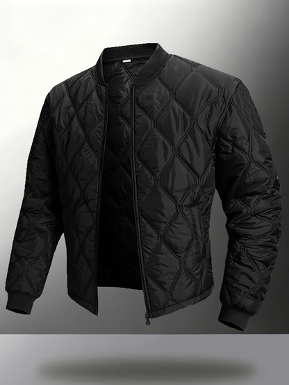 Men's Casual Black Diamond-Pattern Padded Jacket with Baseball Collar