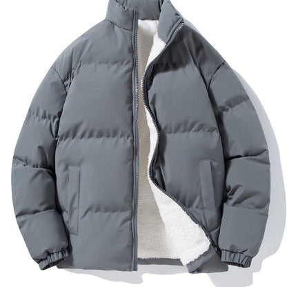 Yilong OBM Men's 2025 Fleece-Lined Winter Coat - Stand Collar Padded Insulation, Machine Washable Polyester, Solid Color Casual Jacket with Zipper Closure for Cold Weather, Winter Jacket, Outdoor Clothing, Minimalist Design,
