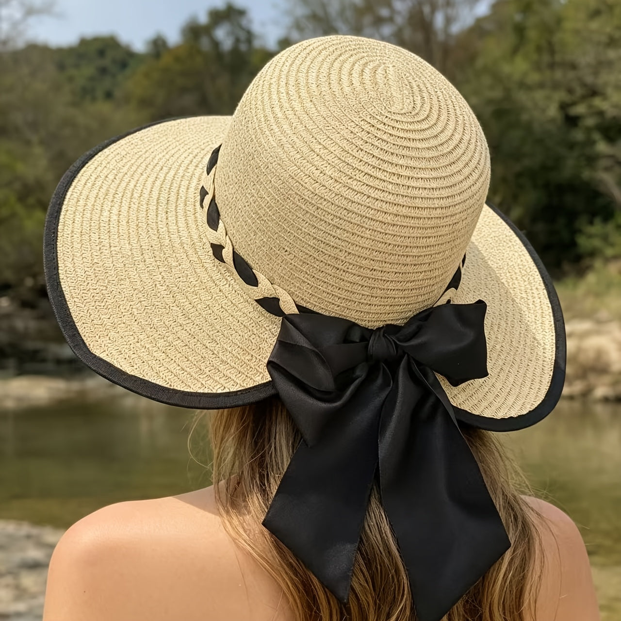 Women’s Lightweight Papyrus Sun Hat with Black Bow - Summer Beach