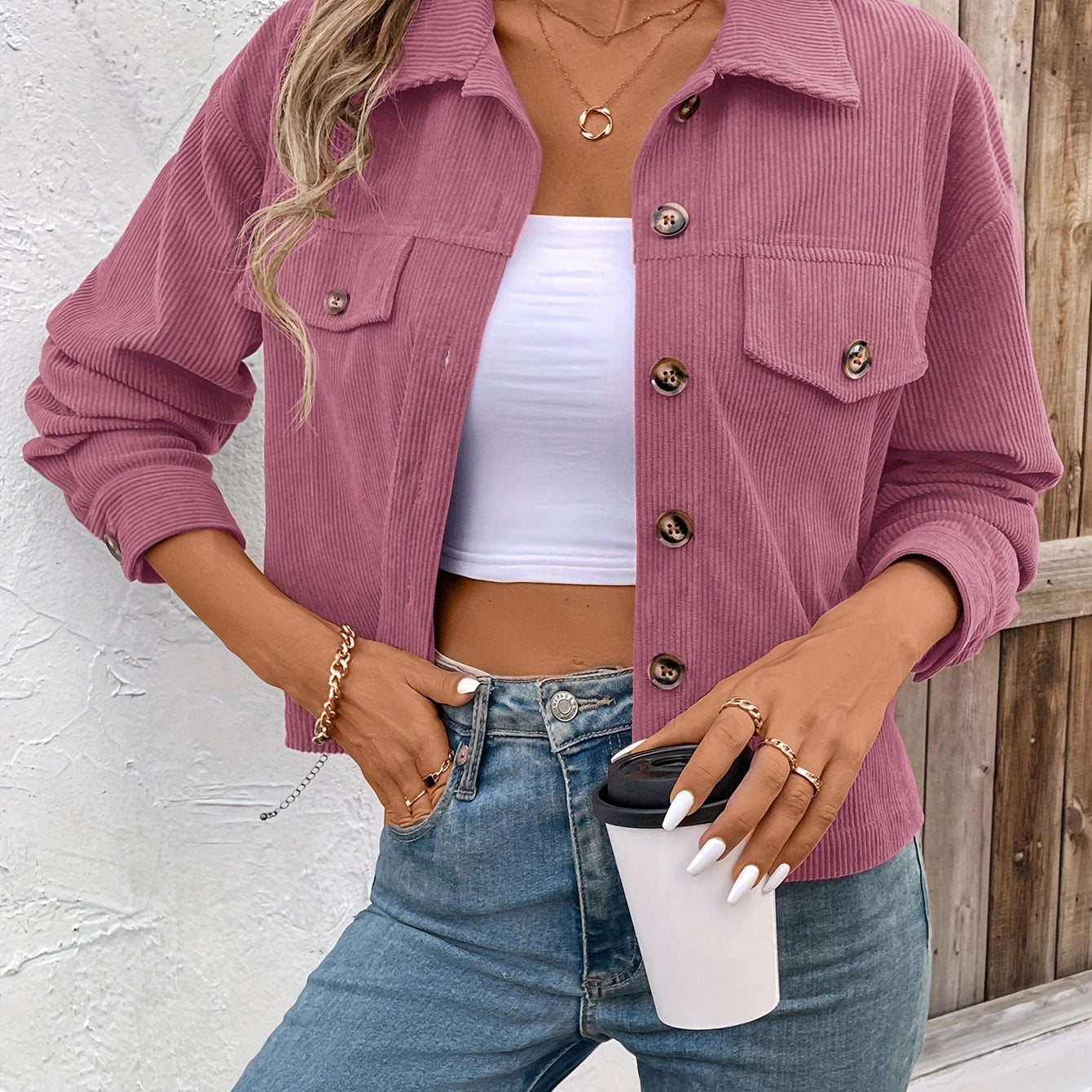 Women'S Elegant Pink Button-Up Jacket with Flap Pockets - Casual Fall Outerwear, Long Sleeve, Button Detail, Polyester Blend, Machine Washable, Casual Outerwear | Buttonup Jacket | Polyester Blend Jacket