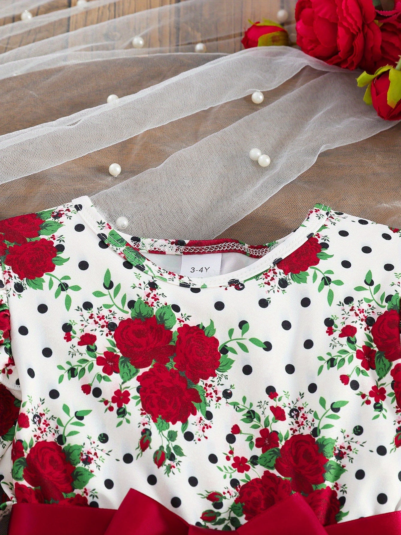 COVIVIKY Girls' Elegant Long Sleeve Party Dress with Puff Skirt & Sheer Panel - Knee-Length A-Line Wedding Prom Dress, Belted Waist Bow & Netting Trim, Hand Washable Winter Formal Gown for Girls (Age 4-12)