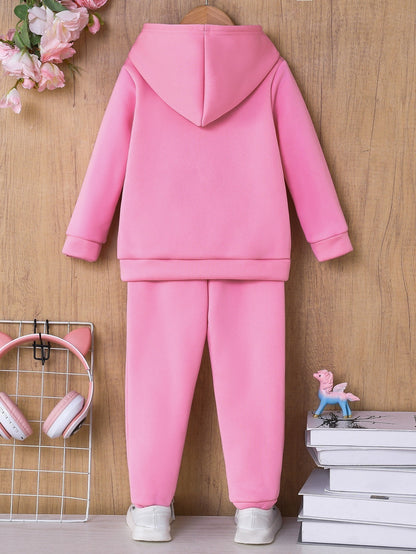 Series Stitch Girls' Two-Piece Autumn Winter New Hoodie Set - Available in Multiple Colors, Cartoon Print Embellishments, 3-10 Years Old, Outdoor Activity Fleece, for Outdoor, Thick