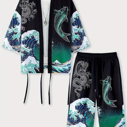 Men's Kimono Set with Carp Leaping Over the Dragon Gate Pattern