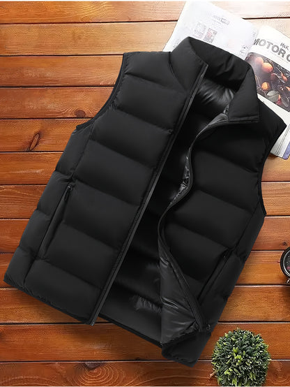 Men's Casual Sleeveless Stand Collar Vest, Thickened Warm Sweater, Autumn Winter Solid Color Zip-up Jacket, Coldproof Outdoor Top, Graphene Warmth, Fashion Webbing, Suitable for Daily Activities, Holiday Gift