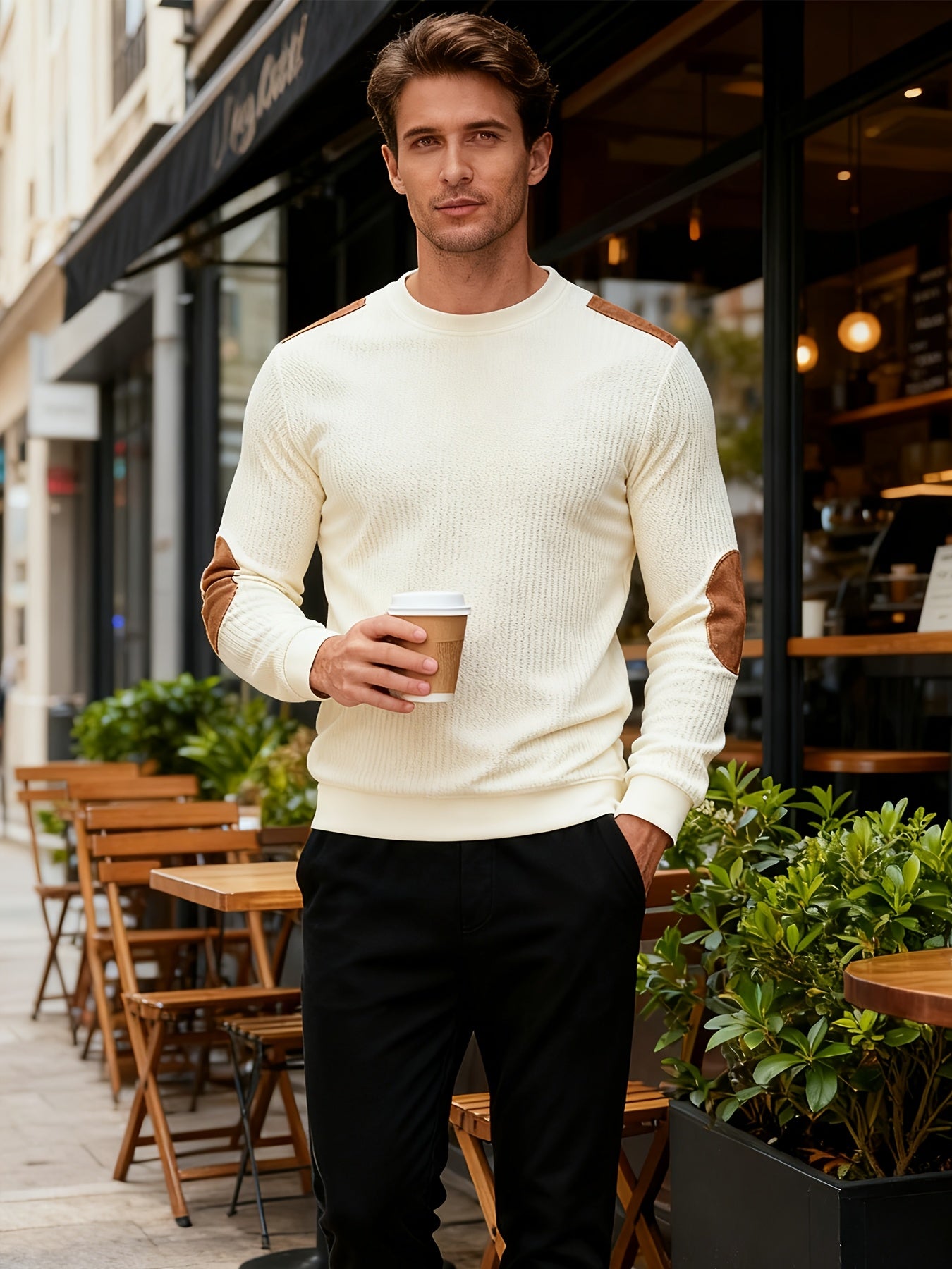 Men'S Classic Fashion Crew Neck Long-Sleeved Top | Light and Comfortable Fabric with Contrast Beige Patches for Enhanced Durability, Regular Fit, Ideal for Daily Leisure, Street Fashion, Outdoor Activities, and Light Fitness