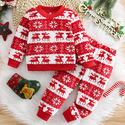 2pcs Girls' Cute Deer Print Fashionable Thick Flannel Set for Autumn/Winter, Soft and Comfortable Warm Outfit, Versatile Casual Attire with Outdoor Activities, Winter Clothing, Autumn Fashion, Stylish Kids' Wear, Playful Desi