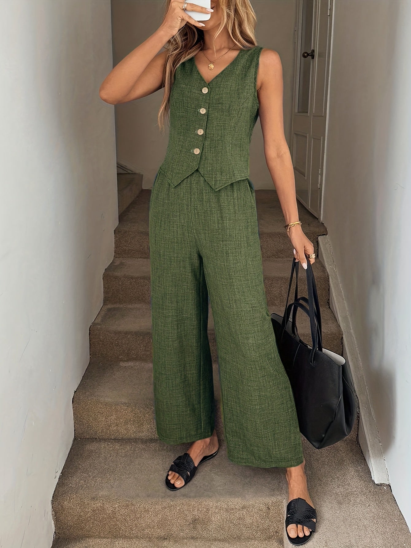 Women's Elegant Sleeveless Vest and Long Pants 2-Piece Set
