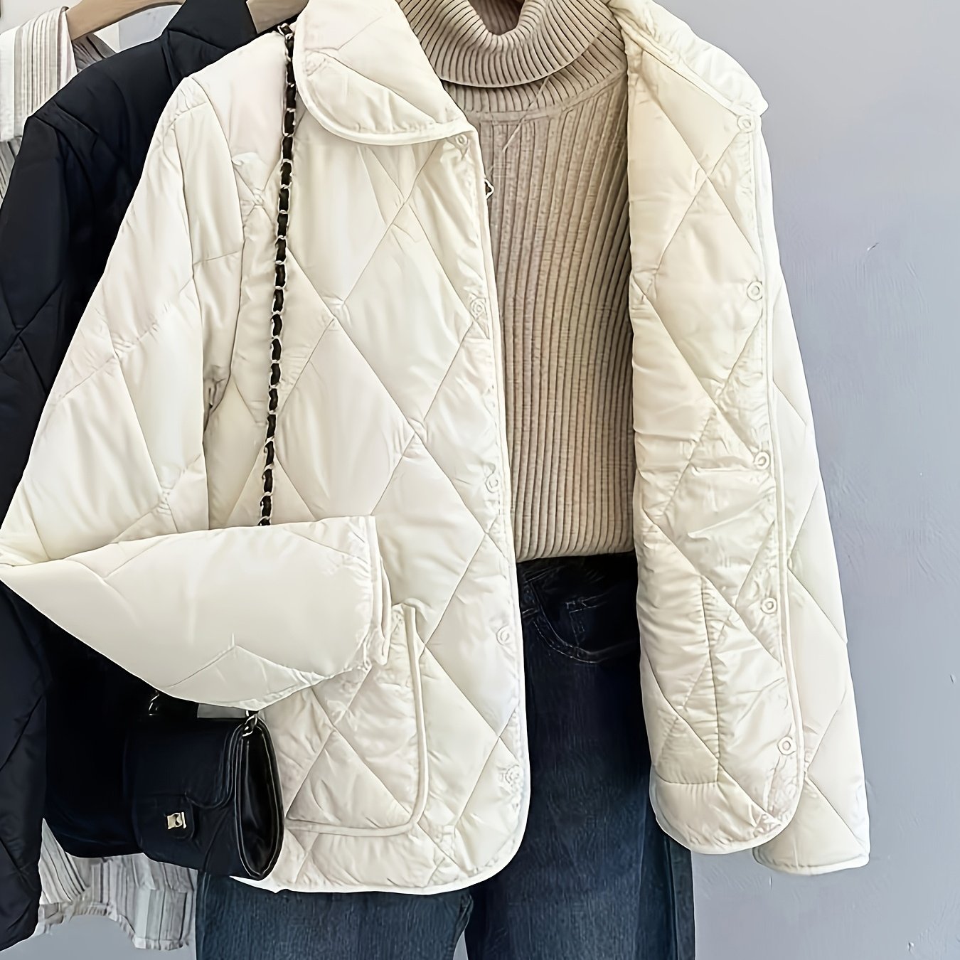 Women'S Elegant Beige Quilted Jacket - Long Sleeve, Button-Up, Stylish Autumn & Winter Coat, 100% Polyester Non-Stretch Fabric, Casual Style, Regular Fit, Autumn Winter Jacket|Quilted Jacket|Stylish Jacket