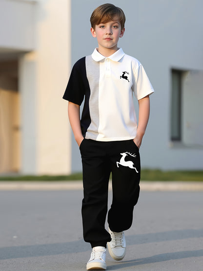 Boys' Deer Print Polo & Pants Set - Soft Casual Spring Outfit