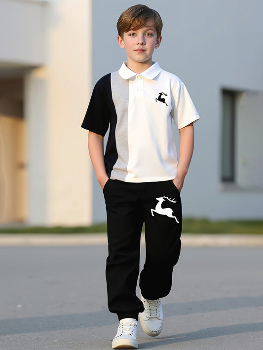 Boys' Deer Print Polo & Pants Set - Soft Casual Spring Outfit