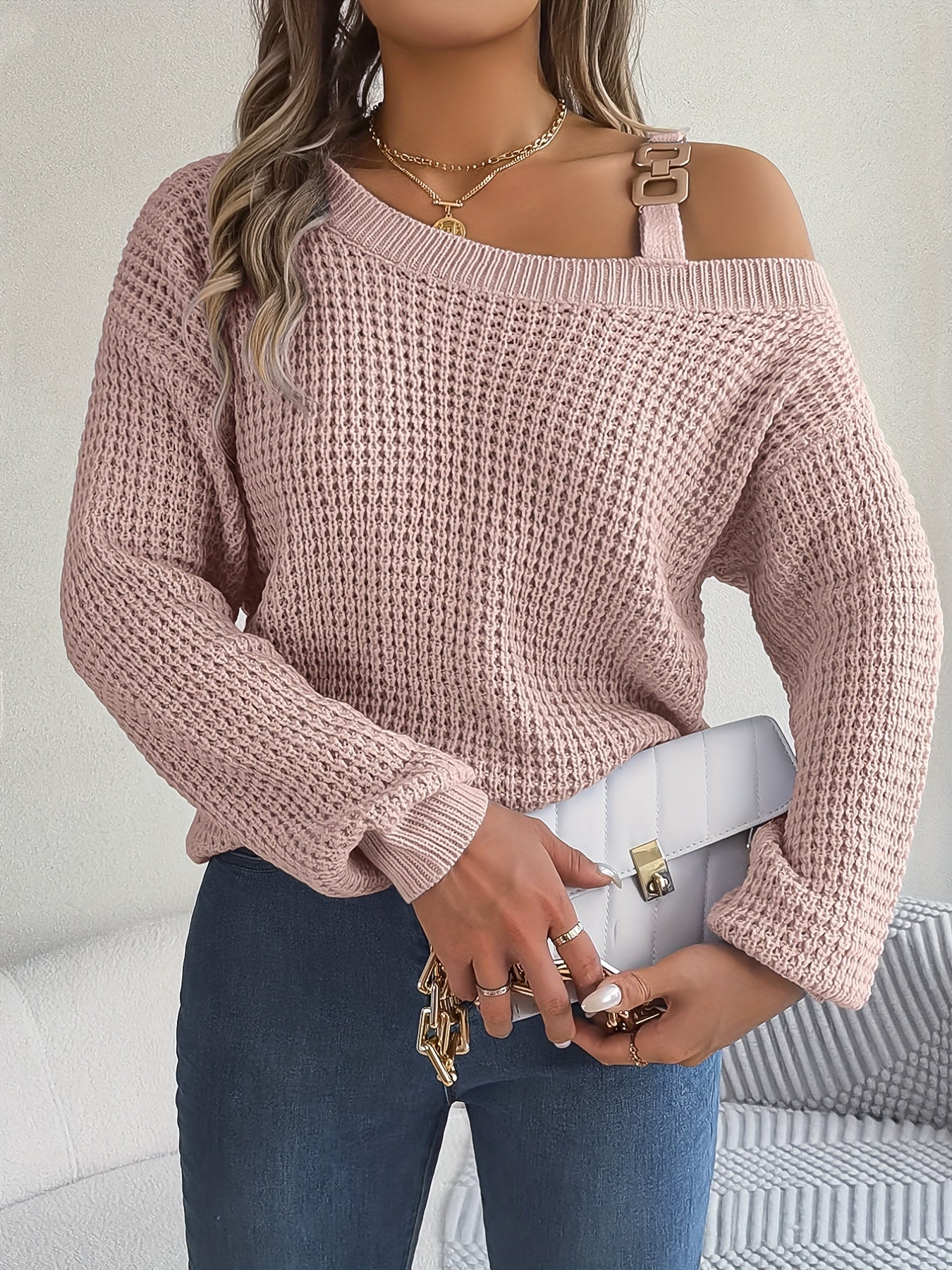 Casual And Versatile Long-Sleeve Sweater with Shoulder Cutouts And Metal Buttons for Autumn And Winter.