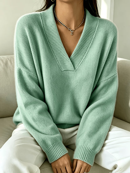 Plus Size Women's V-Neck Pullover Sweater with Double-Layer Collar
