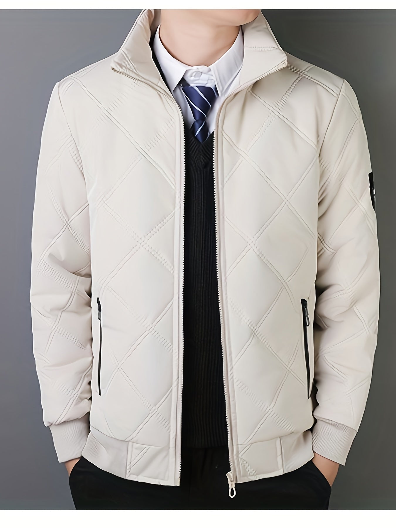 Men's Quilted Fleece Jacket with Stand Collar & Full-Zip Closure - Thick Winter Coat, Black/Brown & Warm Lining, Casual Outdoor Winter Wear for Skiing,, Cold Weather (Hand Wash/Dry Clean)