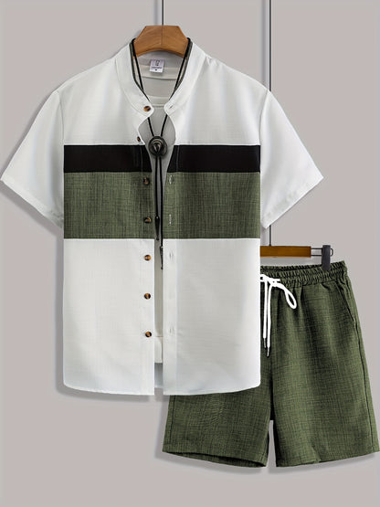 Men'S Casual Solid Color Two-Tone Suit with Stand Collar, Three-Color Imitation Linen, Exquisite Button, Double Short, Solid Color Set