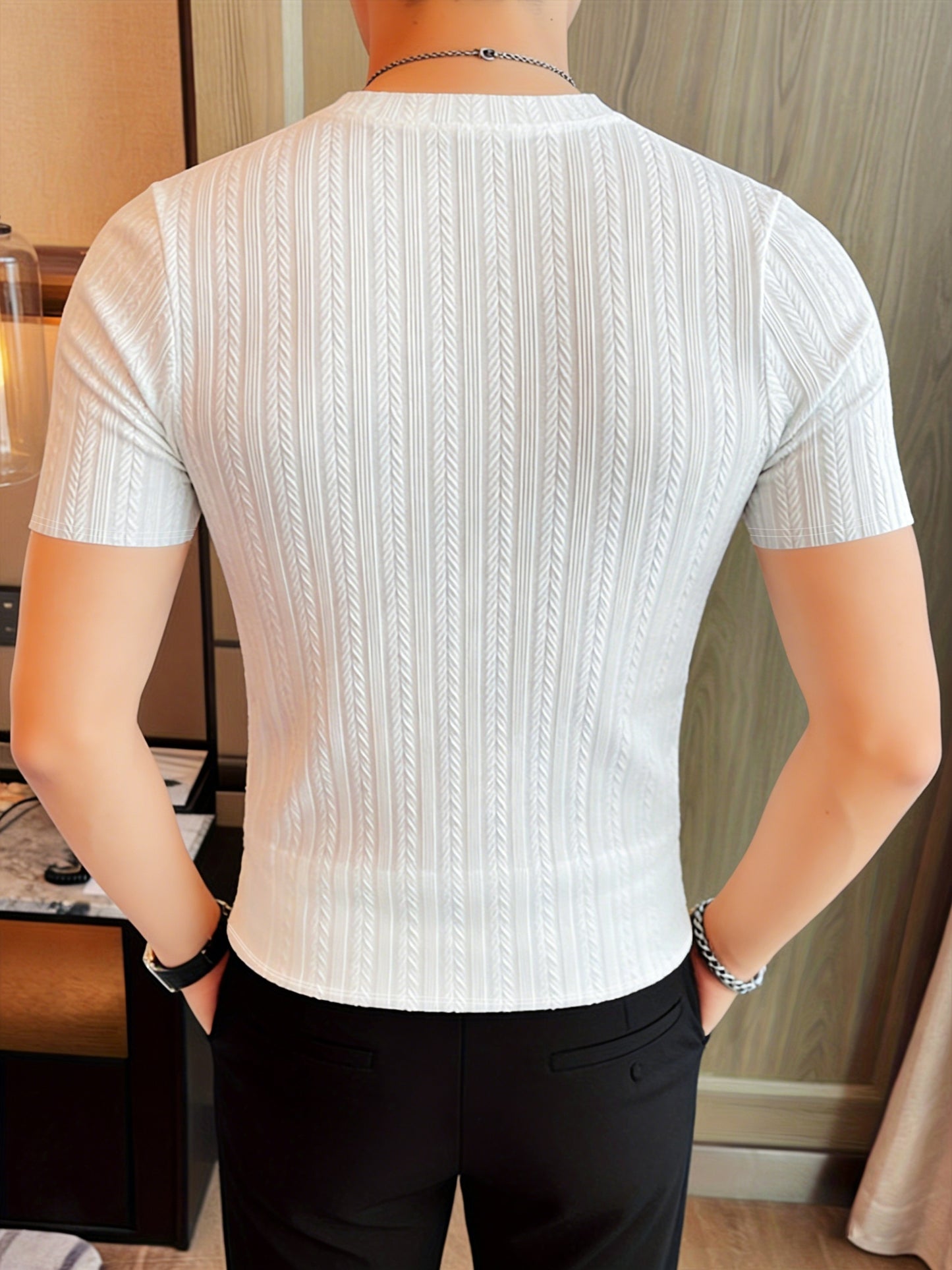 Men'S Short Sleeve Jacquard T-Shirt | Fashionable Autumn- Casual Top, Crew Neck, Slight Stretch Fabric, Solid Color, Skinny Fit - ayq