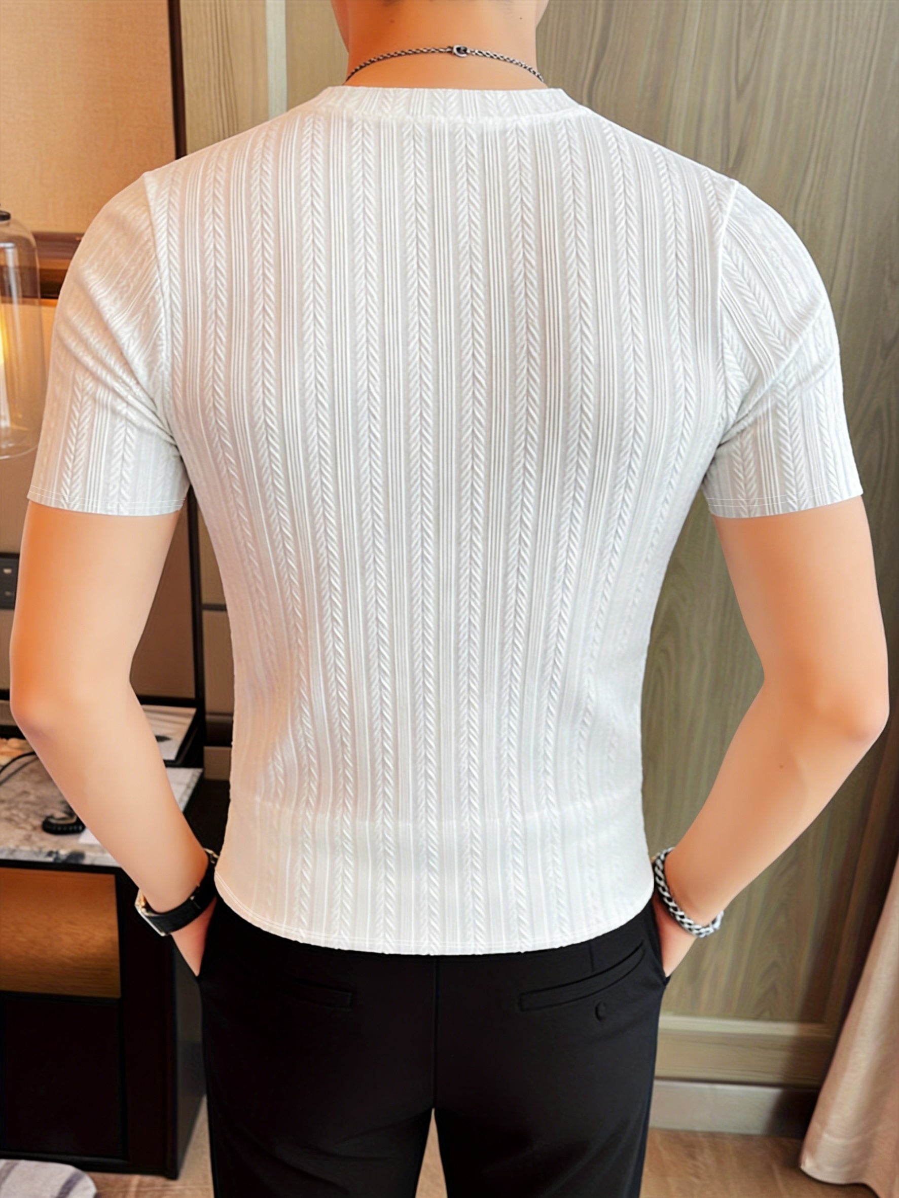 Men'S Short Sleeve Jacquard T-Shirt | Fashionable Autumn- Casual Top, Crew Neck, Slight Stretch Fabric, Solid Color, Skinny Fit - ayq