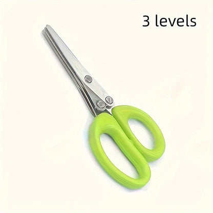 3-Layer Stainless Steel Kitchen Scissors - Versatile Onion & Herb Shredder for BBQ & Indoor Use, Durable with Protective Cover & Built-in Cleaning Agent