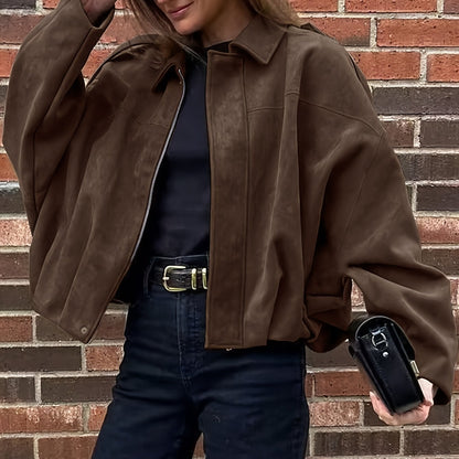 Women'S Vintage Bomber Jacket - Loose Fit Long Sleeve Zip-Up with Drop Shoulder Design, Brown Casual Outerwear for Fall/Winter, Non-Stretch Fabric, Perfect for Casual Attire, Autumn Winter Jacket | Vintage Bomber Style | Zipp