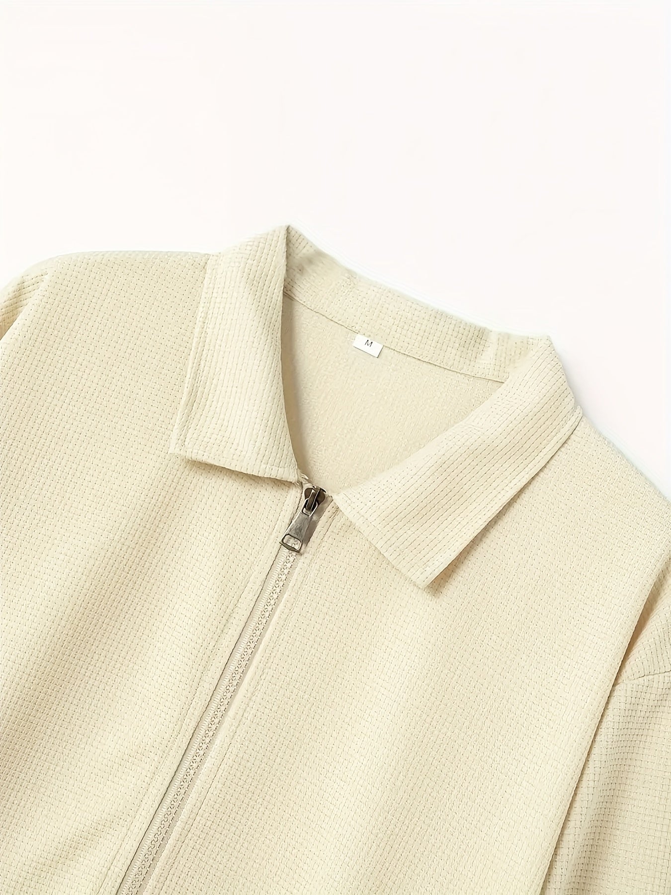 Men'S Solid Color Waffle Texture Zipper Jacket - Full-Zip Casual Coat with Full-Zip Closure, Long Sleeve Lapel Collar, /Navy Brown/