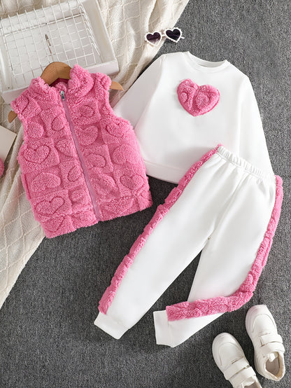 Girls 3-Piece Heart Pattern Fall/Winter Casual Set