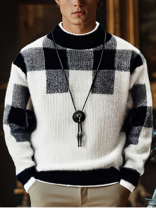 Men's Round Neck Pullover, Autumn and Winter New Styles, Trendy and Versatile, Durable, Thick and Warm, Long Sleeved, Checkered Pattern, Skin Friendly, Comfortable, Soft, Youthful and Trendy, Slim Fit, Fashionable, Business a