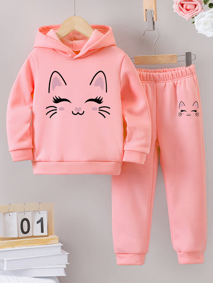 Autumn/Winter Smile Face Kitten Graphic Print Warm Fleece Hooded Sweatshirt And Sports Trousers for Girls, for Outdoor